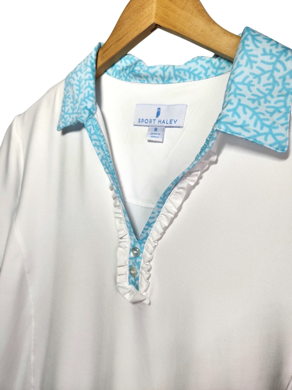 Sport Haley Golf Polo Shirt Womens Medium White Aqua Coral Trim Ruffle Stretch - Picture 6 of 12